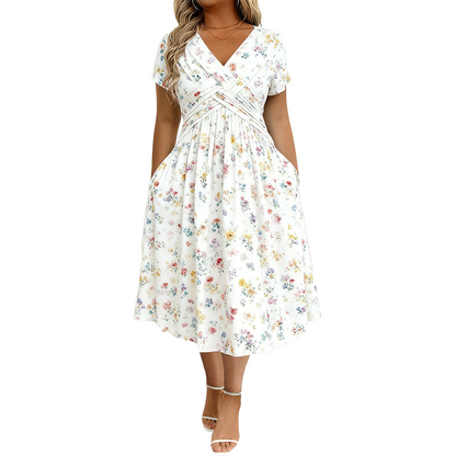 🌺👗Vestido de senhora com decote em V, padrão floral e cintura torcida