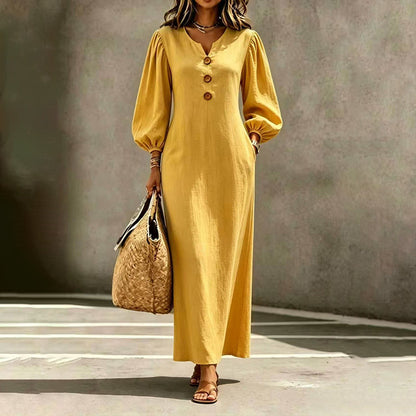 👗 Vestido maxi casual com decote em V e mangas abalonadas – Silhueta fluida para um estilo descomplicado