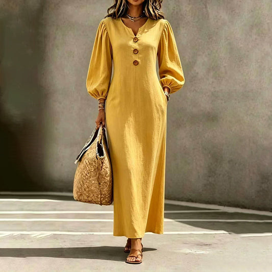 👗 Vestido maxi casual com decote em V e mangas abalonadas – Silhueta fluida para um estilo descomplicado