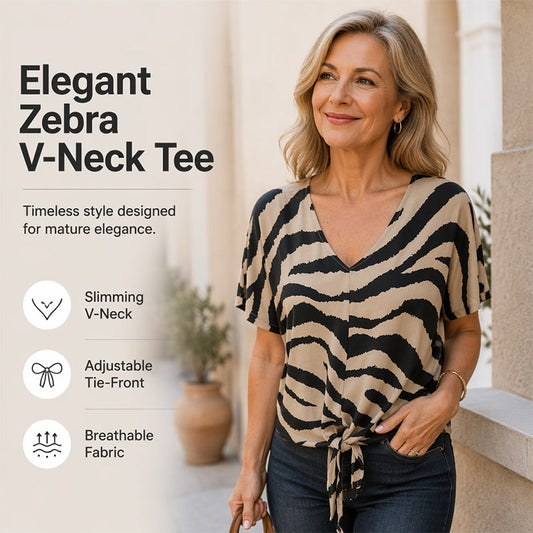 T-shirt de mulher com estampado de zebra, decote em V e amarração frontal