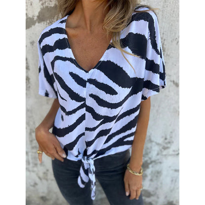 T-shirt de mulher com estampado de zebra, decote em V e amarração frontal
