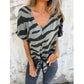 T-shirt de mulher com estampado de zebra, decote em V e amarração frontal