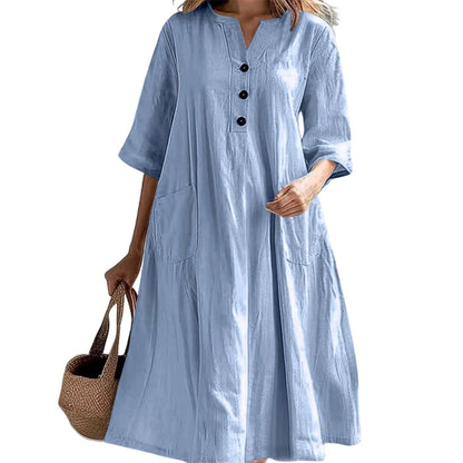 🏖️Promoção de Verão com 50% de desconto🏝️👗Vestido midi oversized para mulher com corte em A e bolsos✨