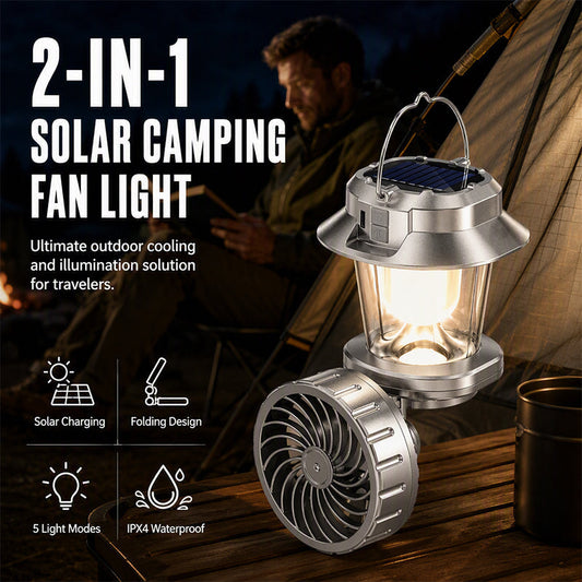 🔥Promoção Imperdível com 50% de desconto🔥 Ventilador Solar Dobrável – 1200mAh, Recarregável via USB-C, Luz LED, para Campismo 🏕️