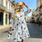 ✨👗Vestido feminino com estampa floral, decote em V e camadas