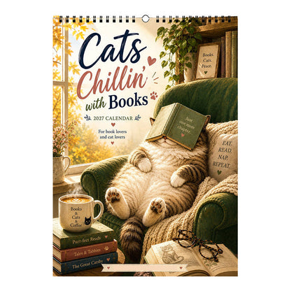 😻50% DESCONTO | Calendário de Parede 2027 Gatos Relaxantes com Livros – Arte Adorável de Gatos e Livros, Blocos Grandes para Escrita, Presente Perfeito para Amantes de Gatos e Livros!