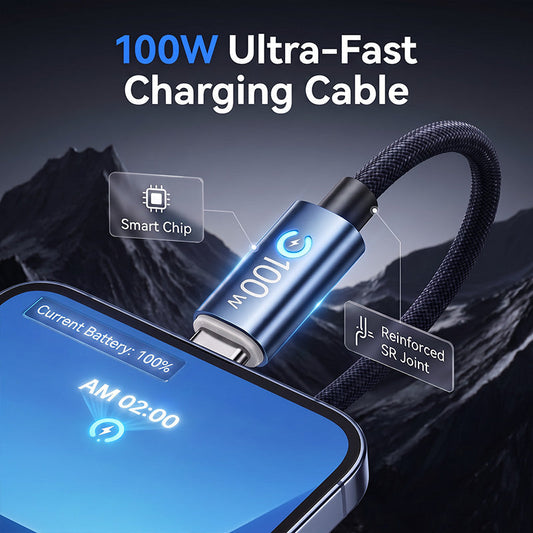 ✨Carregue qualquer dispositivo instantaneamente! Cabo entrançado de 100 W com proteção contra sobrecarga.