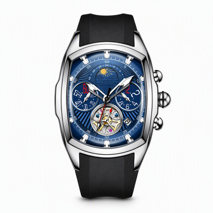 🎉 50% de desconto! 🚚 Relógio de Homem Quartzo Cronógrafo (Formato Tonneau) com Mostrador Esqueletizado, Fase da Lua, Calendário e Bracelete em Silicone