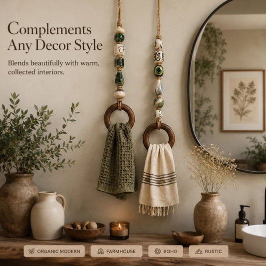🧺 Suporte Decorativo para Toalha com Contas: Contas em Cerâmica, Corda em Juta, Argola em Madeira