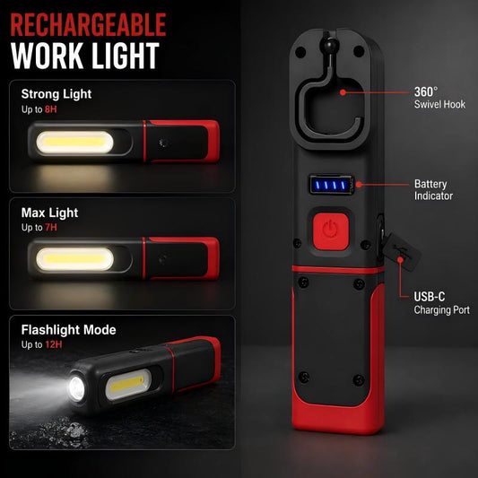 🔦 Luminária de trabalho LED COB recarregável – Base magnética e rotação de 360°