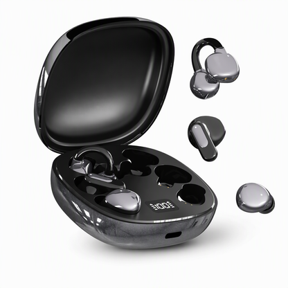 ✨✨Auscultadores Bluetooth 3 em 1 B115: modelo híbrido (clip de orelha e intra-auricular) com 6 ponteiras, cancelamento de ruído e bateria de longa duração — ideal para dormir.