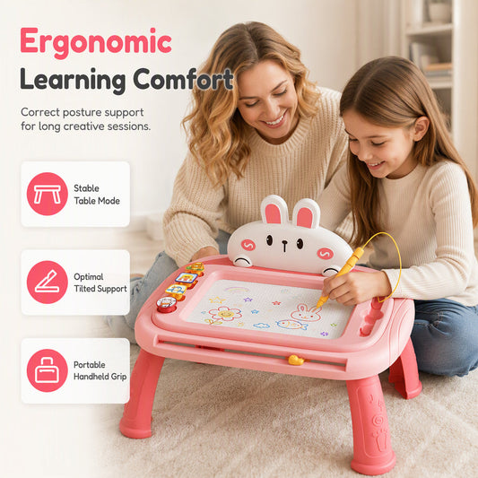 🎨 POR TEMPO LIMITADO: 50% DESCONTO! 🐰 Mesa de Desenho Magnética 4 em 1 para Crianças – Desenhos a 4 Cores, Apagável e com Suporte Ergonómico 🖍️